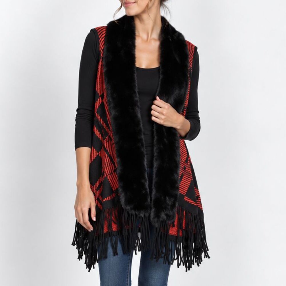 Ali Miles Womens L Red Black Plaid Vest Faux Fur Trim Fringe Boho Cardigan
